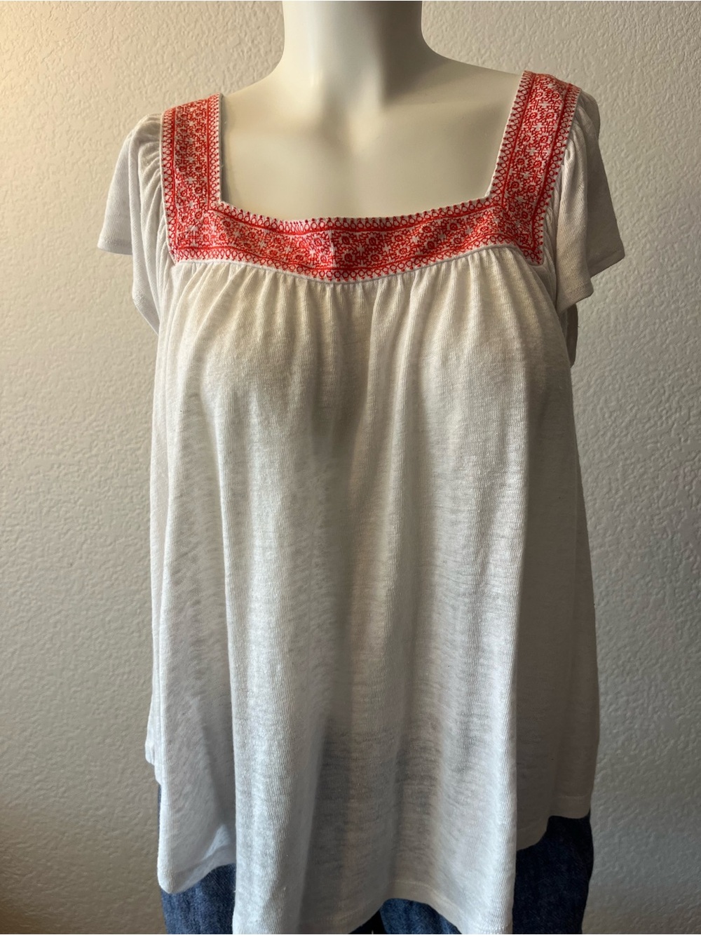 Light and Summery White Knit Square Neck Top with Red Embroidered Trim